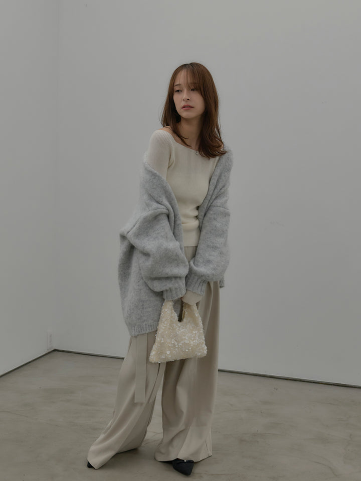 【SET】モヘアライクオーバーニットカーディガン+ウエストリボンワイドパンツ(2set)