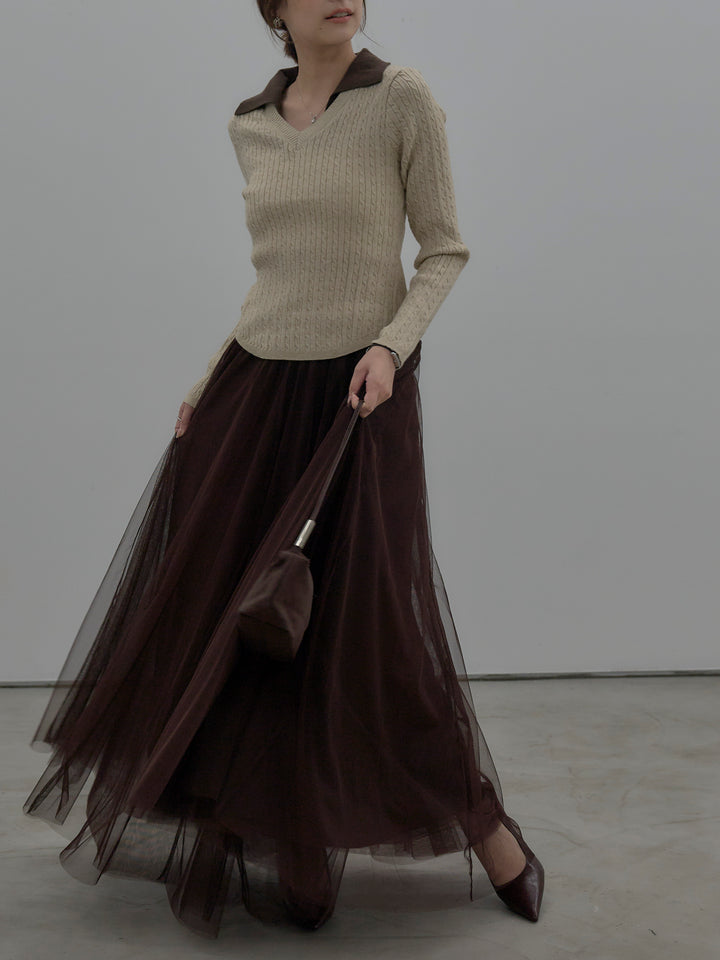【SET】配色Vネックケーブルニットトップス+ボリュームチュールスカート(2set)