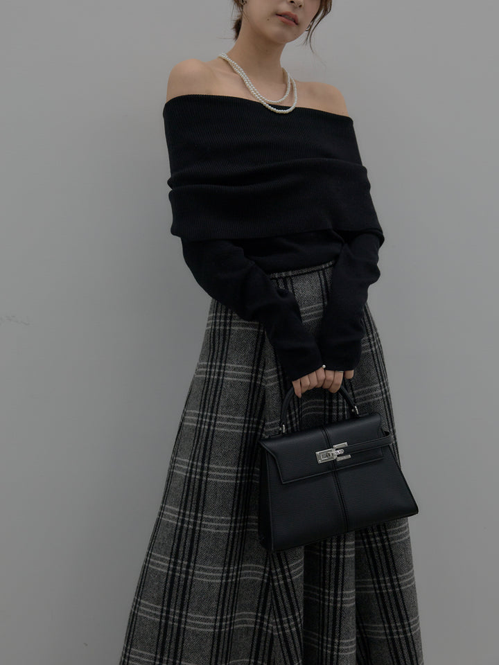 【SET】【premium touch】ソフトリブオフショルニットトップス+【Essential】クラシカルチェックウールタッチスカート(2set)