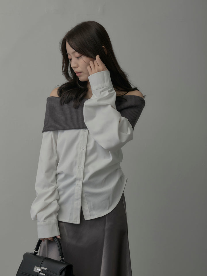 【SET】ニットシャツドッキングオフショルトップス+ヘビーサテンAラインスカート(2set)