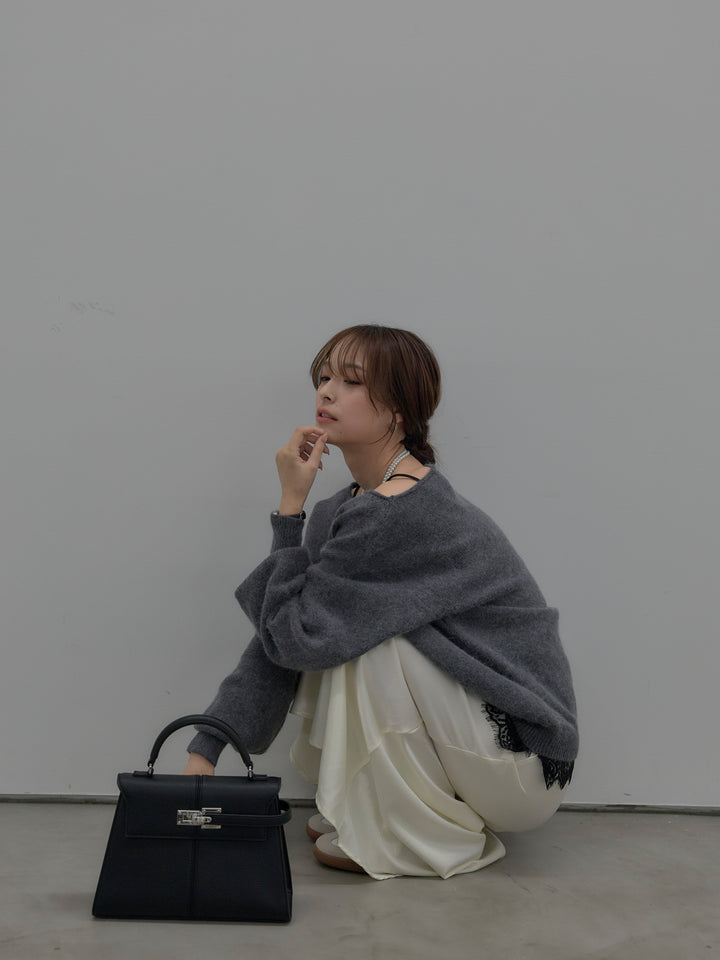 【SET】【premium touch】2wayショルダーニットプルオーバー+ナローAラインサテンスカート(2set)