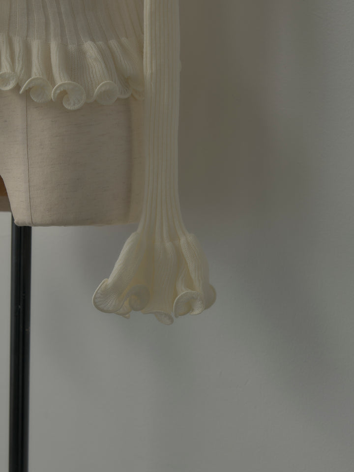 Vネックフリルデザインニットトップス