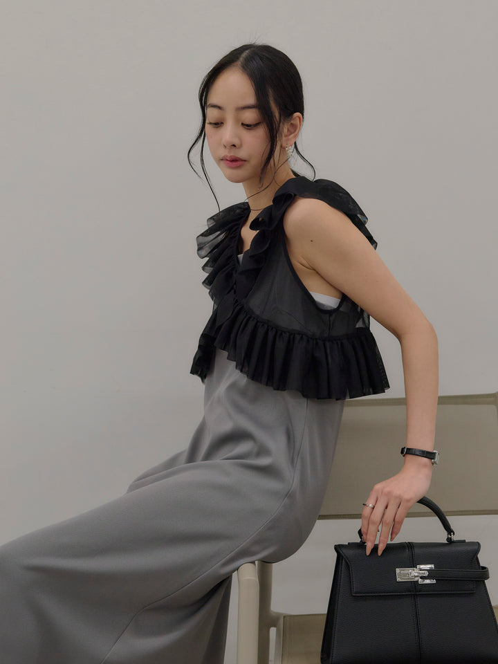 チュールフリルベスト付きツイルキャミワンピース