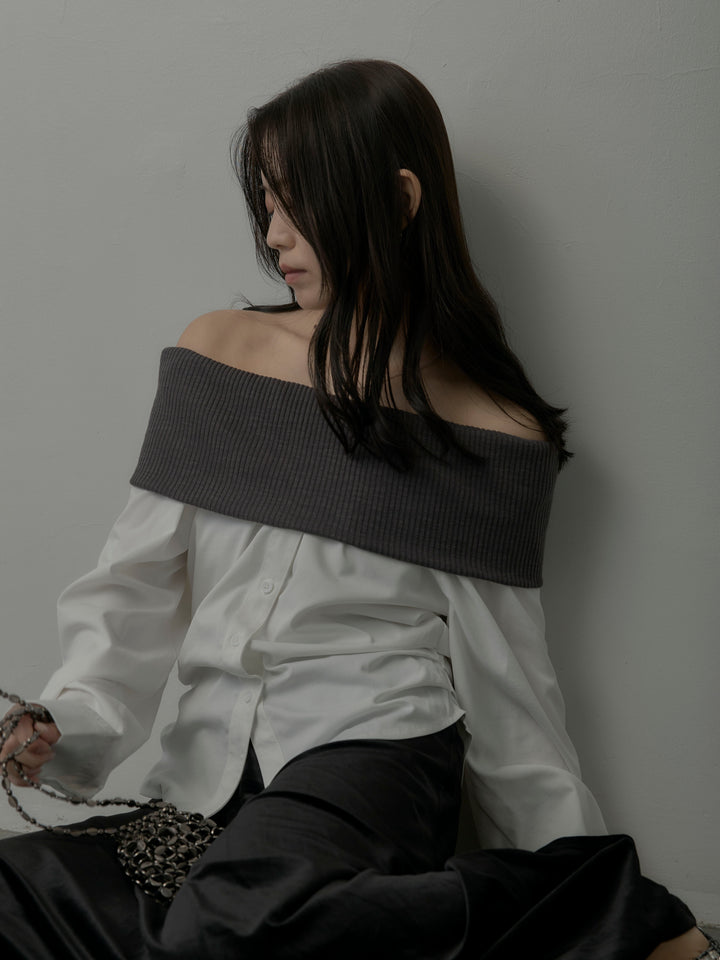 【SET】ニットシャツドッキングオフショルトップス+ベロアフレアロングスカート(2set)