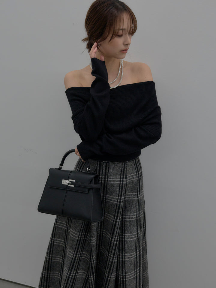 【SET】【premium touch】ソフトリブオフショルニットトップス+【Essential】クラシカルチェックウールタッチスカート(2set)