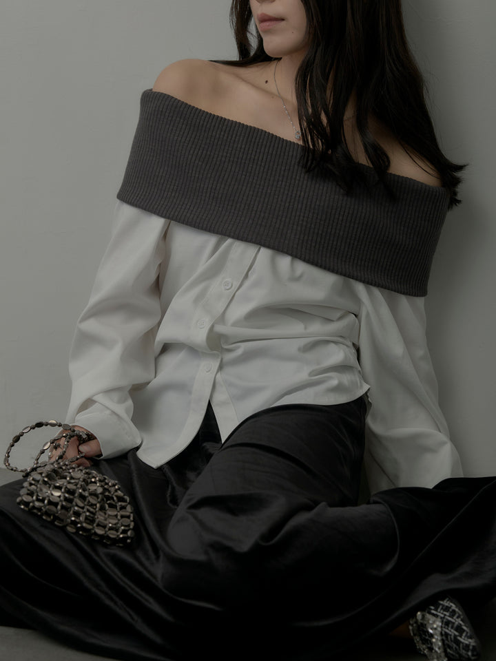 ニットシャツドッキングオフショルトップス