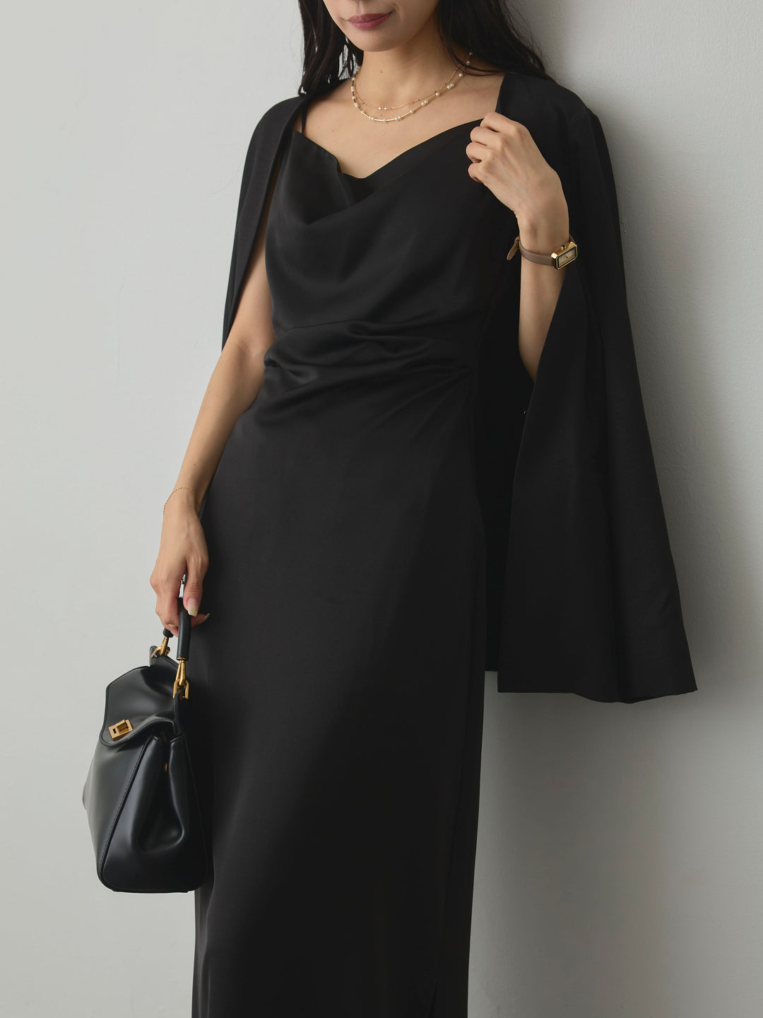 【SET】【Essential】フロントホックノーカラージャケット+【Essential】サテンドレープキャミワンピ(2set)