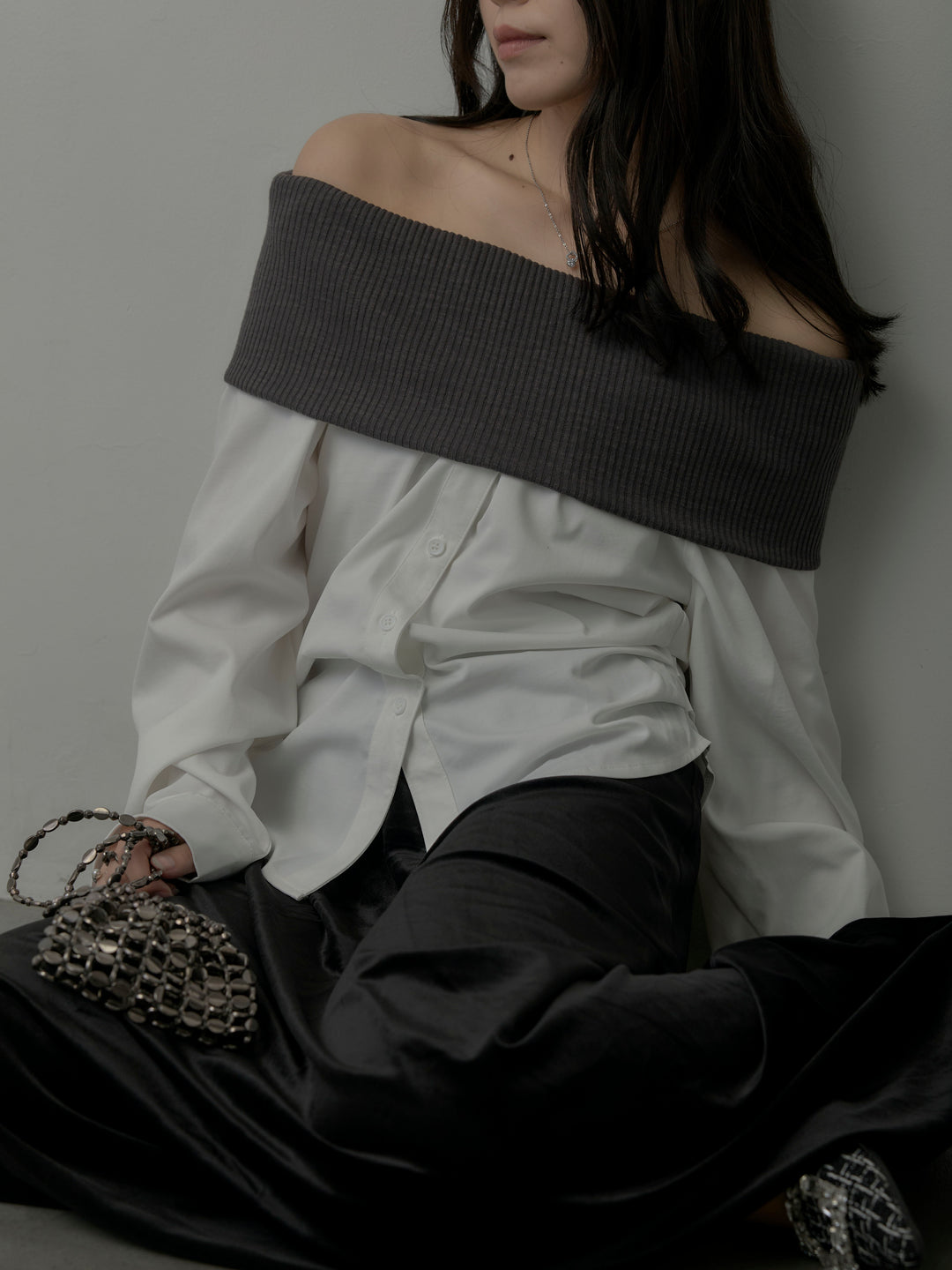 【SET】ニットシャツドッキングオフショルトップス+ベロアフレアロングスカート(2set)