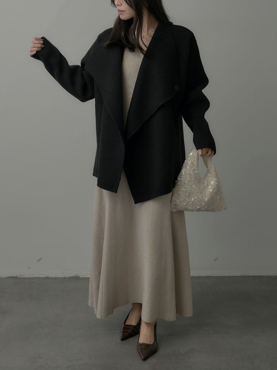 【SET】ショールカラーニットカーディガン+Vネックニットロングワンピース(2set)