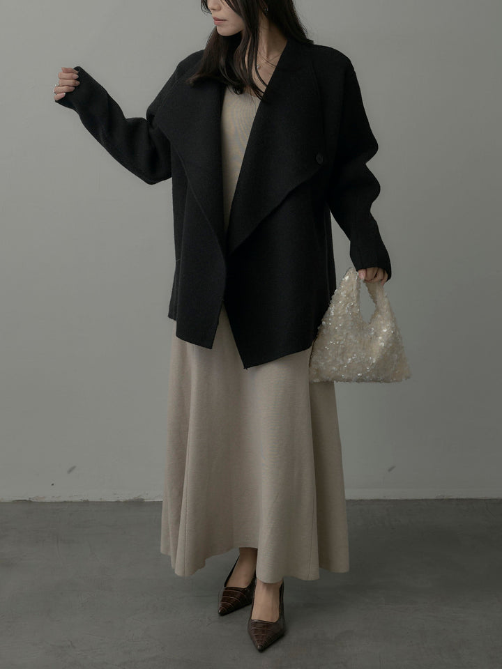 【SET】ショールカラーニットカーディガン+Vネックニットロングワンピース(2set)