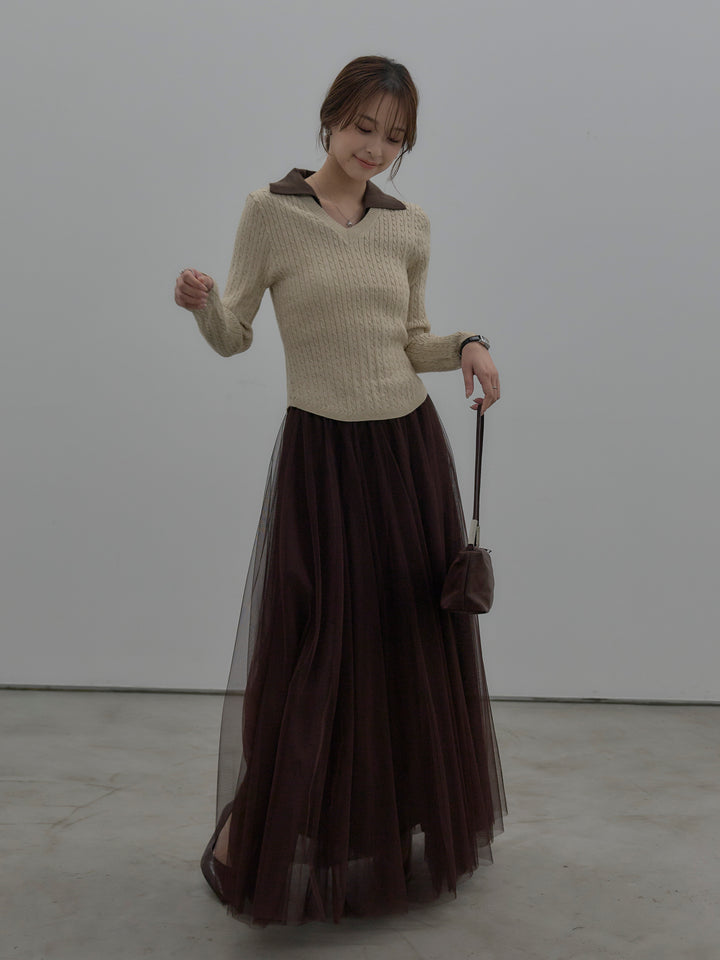 配色Vネックケーブルニットトップス