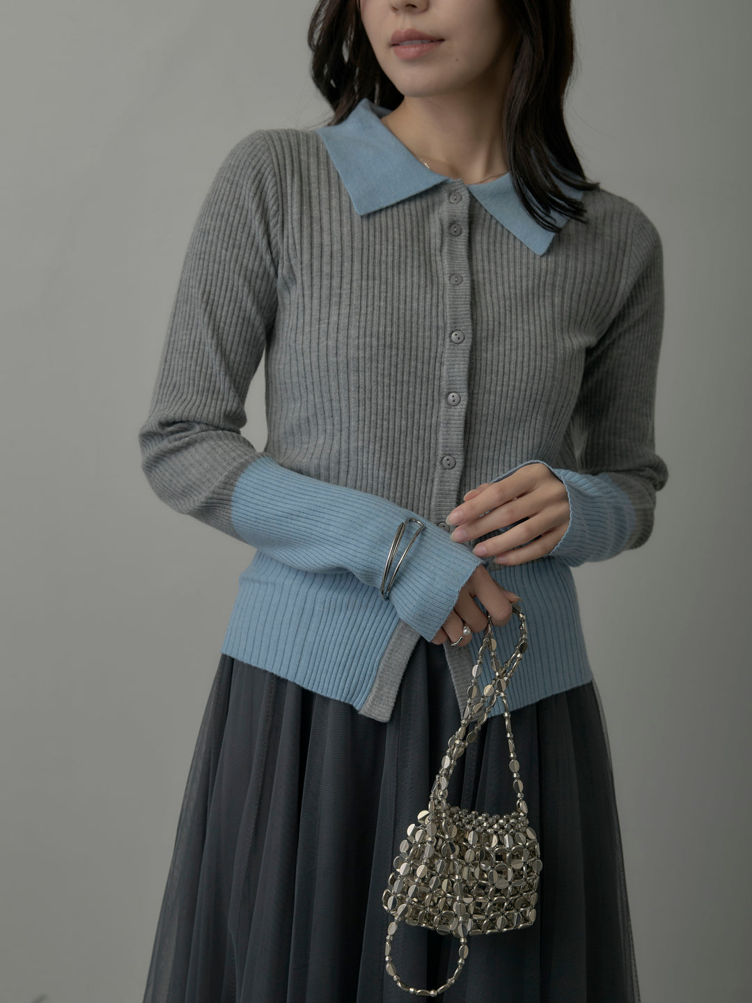 【SET】バイカラーリブニットポロトップス+ボリュームチュールスカート(2set)