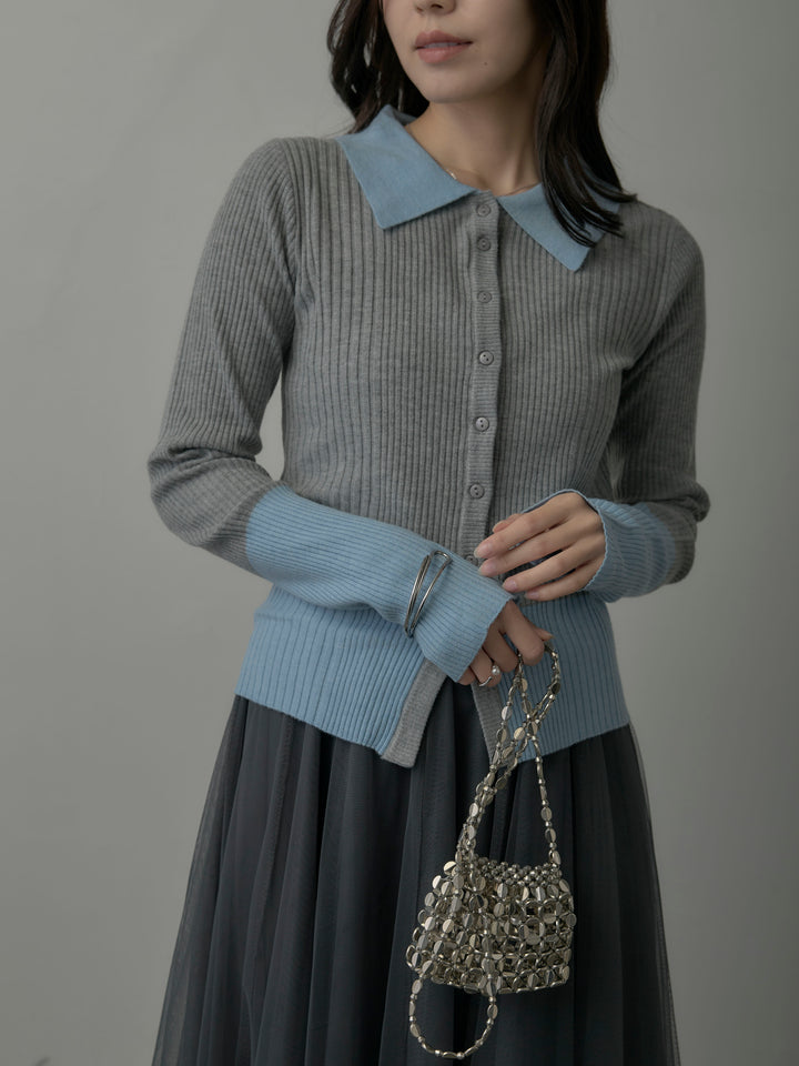 【SET】バイカラーリブニットポロトップス+ボリュームチュールスカート(2set)