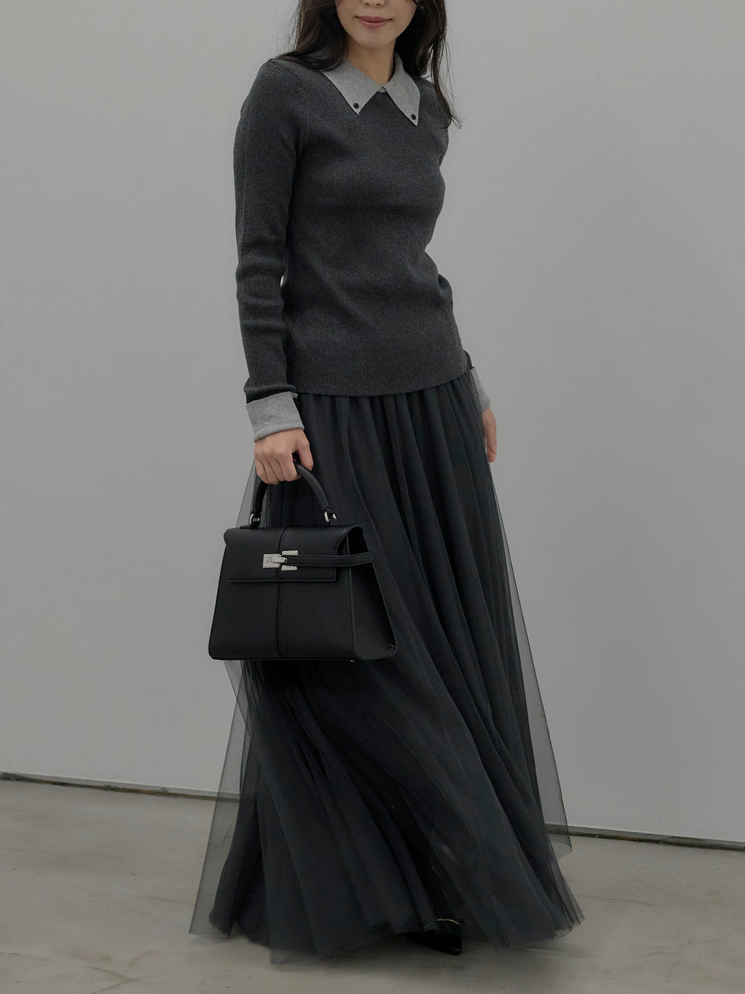 【SET】配色カフスニットポロ+ボリュームチュールスカート(2set)