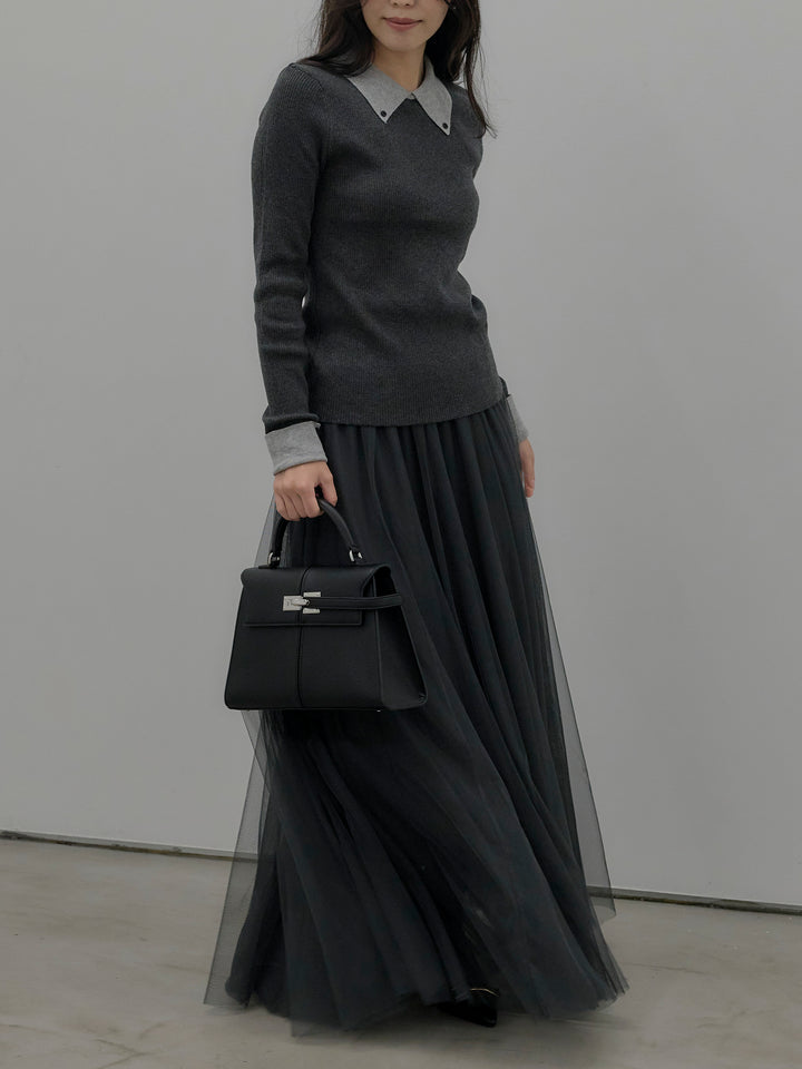 【SET】配色カフスニットポロ+ボリュームチュールスカート(2set)