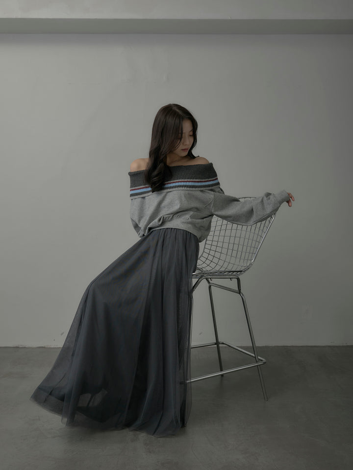 【SET】配色ボーダースウェットオフショルトップス+ボリュームチュールスカート(2set)