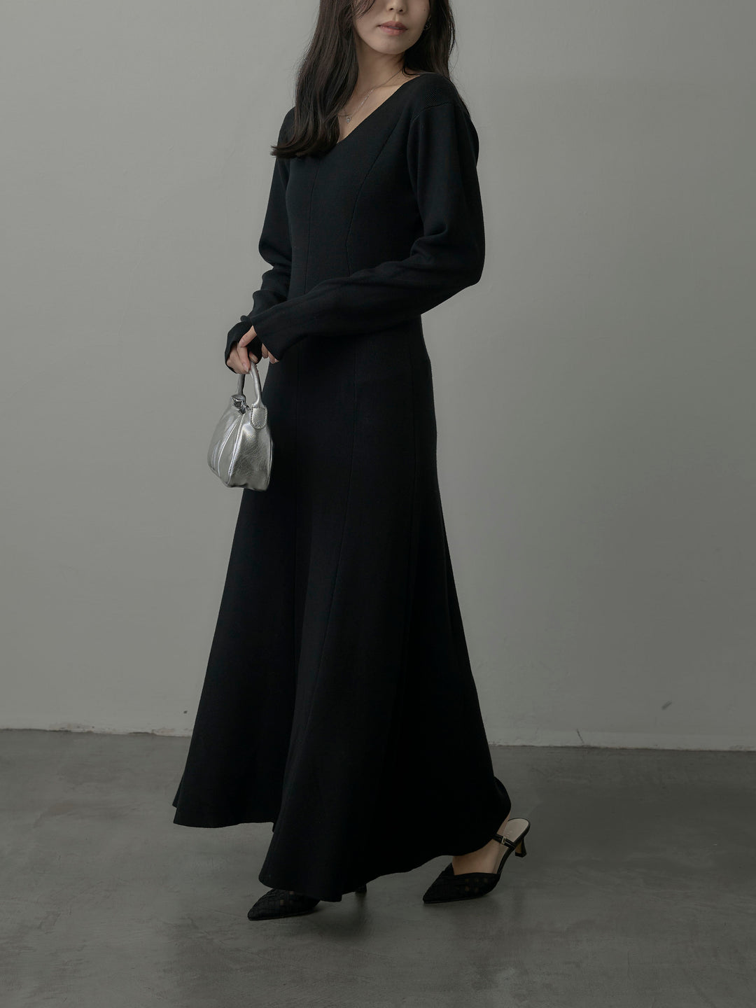 【SET】ショールカラーニットカーディガン+Vネックニットロングワンピース(2set)