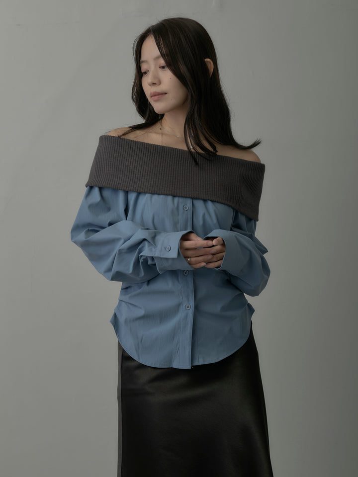 ニットシャツドッキングオフショルトップス