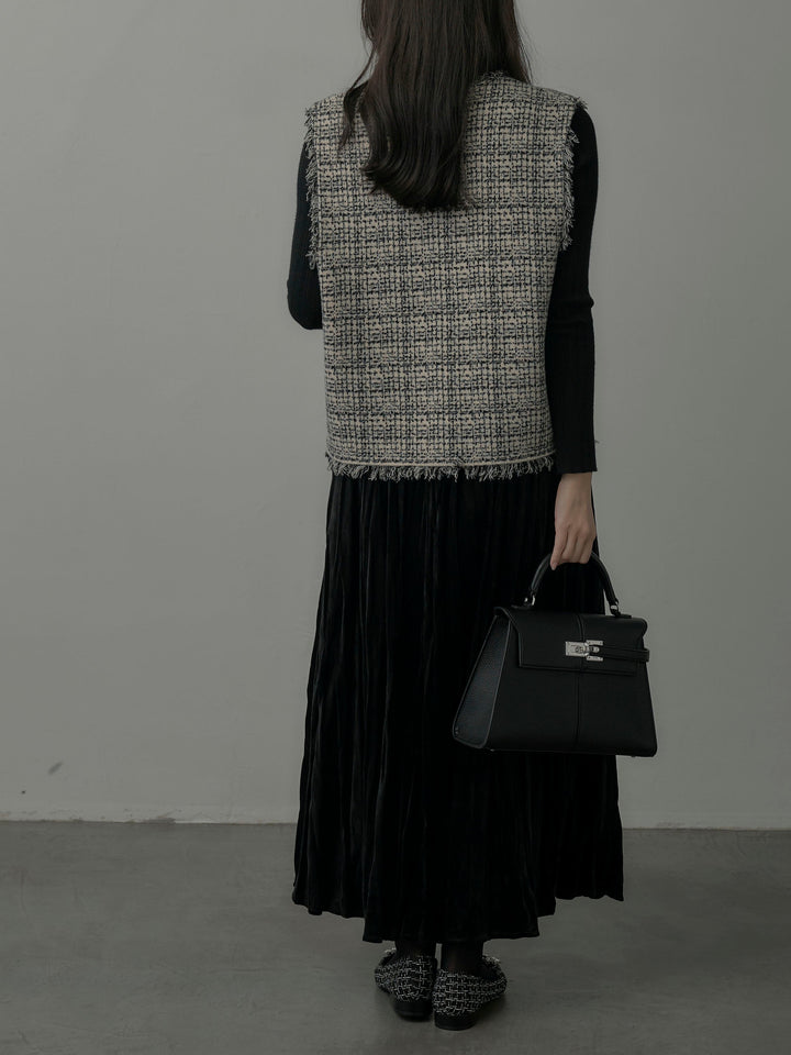 【SET】ツイードフリンジベスト+リブニットタートルネック+ベロアワッシャープリーツスカート(3set)