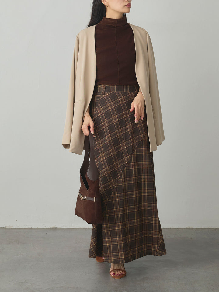 【SET】【Essential】フロントホックノーカラージャケット+クラシカルチェックパネルスカート(2set)