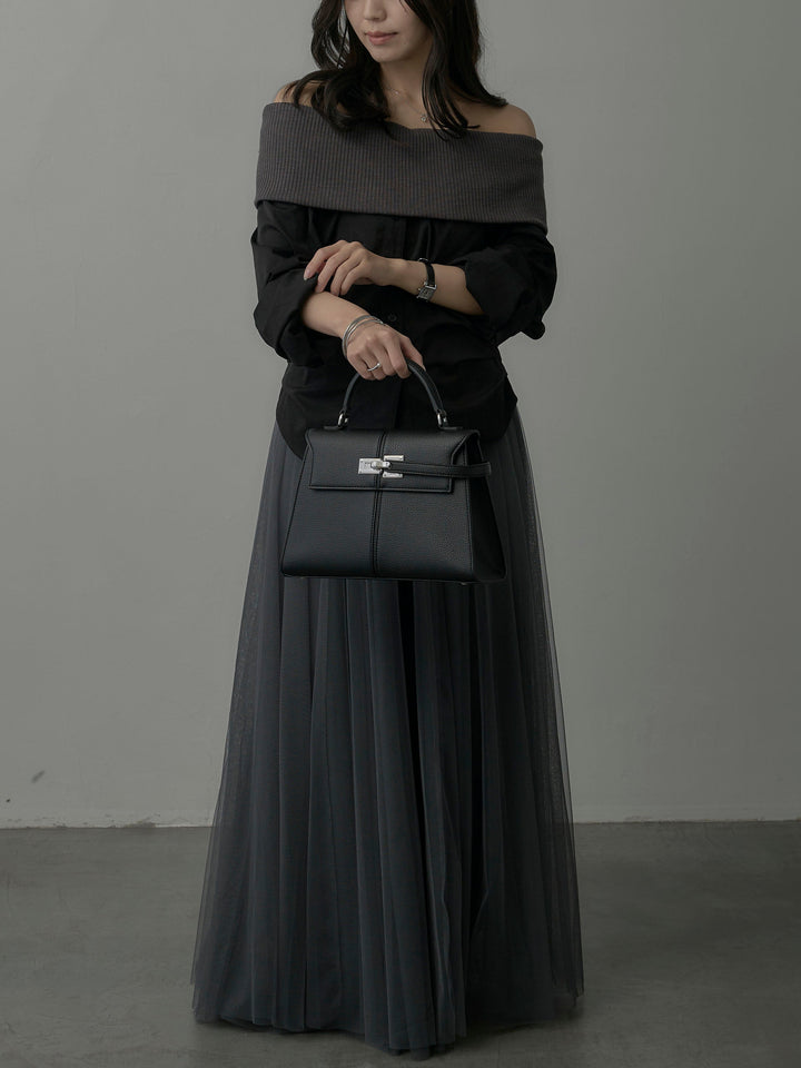 【SET】ニットシャツドッキングオフショルトップス+ボリュームチュールスカート(2set)