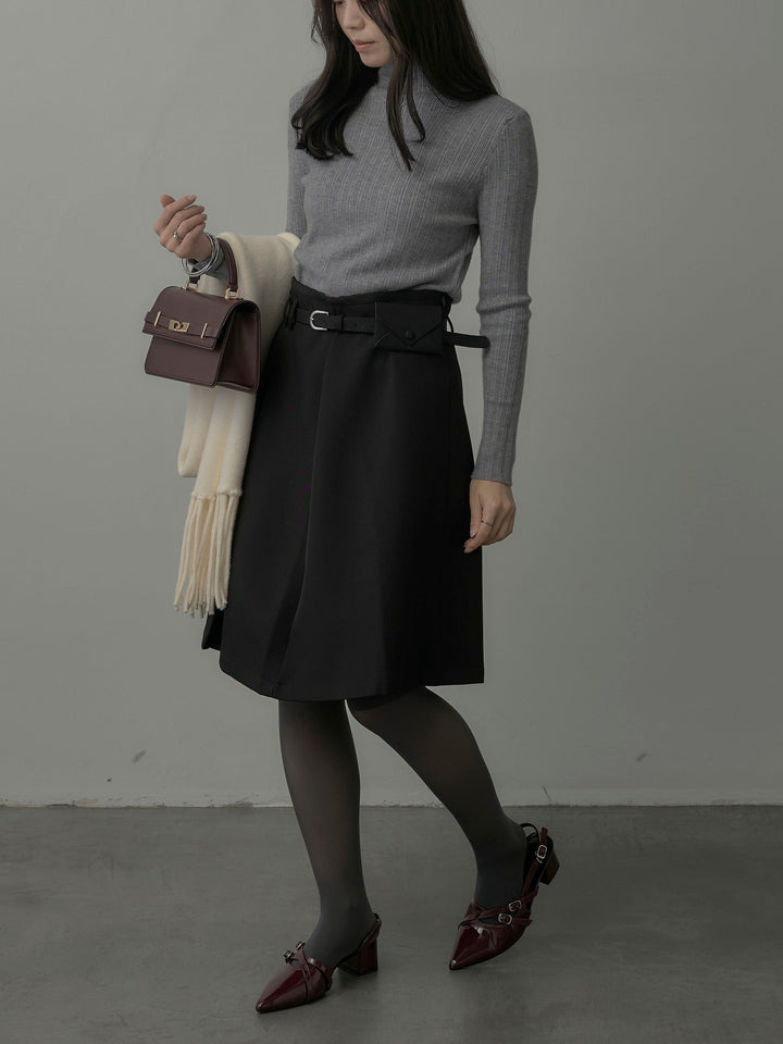 【SET】リブニットタートルネック+ウエストポーチ付きミディスカート(2set)