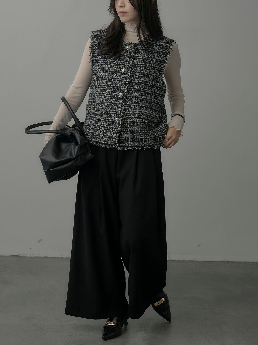 【SET】ツイードフリンジベスト+メロウフリルシアートップス+【ロープベルト付属】ウールタッチワイドパンツ(3set)