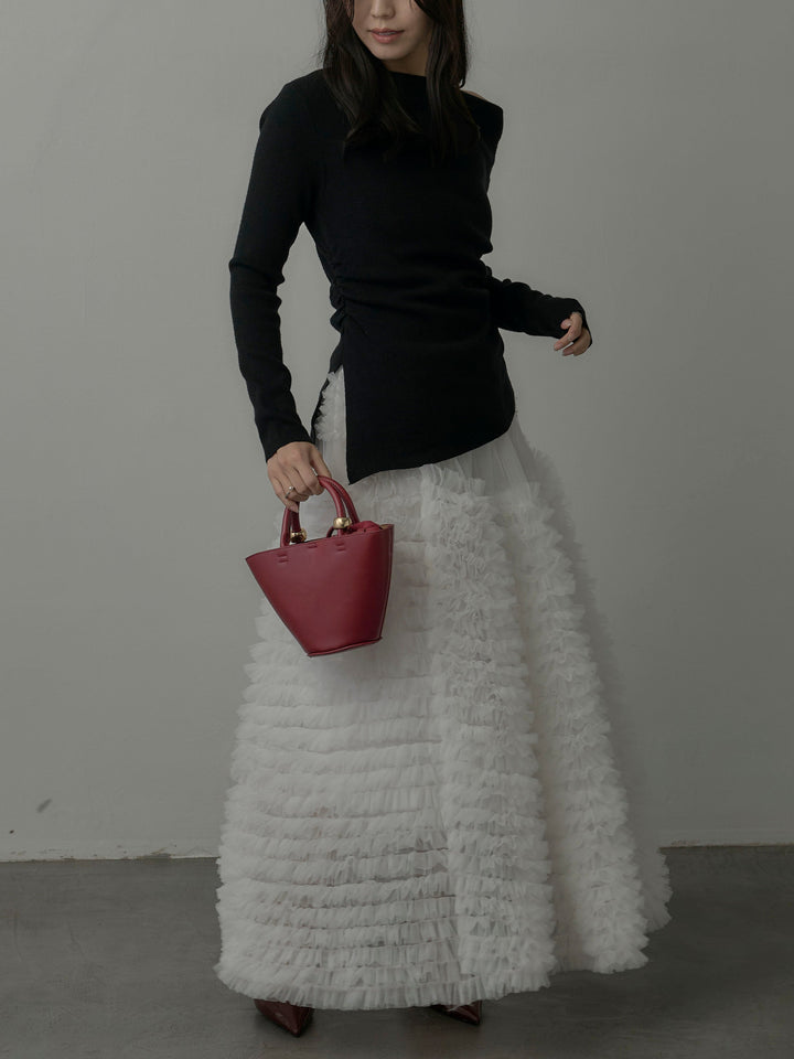 【SET】サイドスリットボートネックニットトップス+ドラマチックフリルチュールスカート(2set)