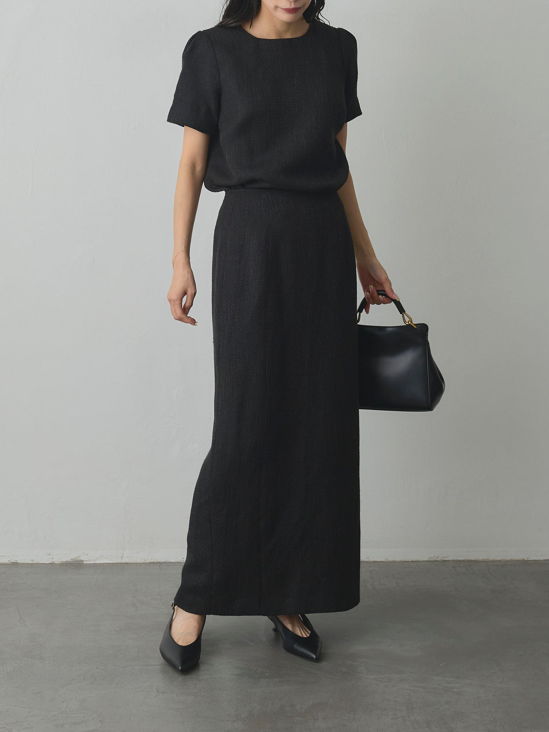 【SET】【Essential】ツイードハーフスリーブトップス+【Essential】ツイードペンシルスカート(2set)