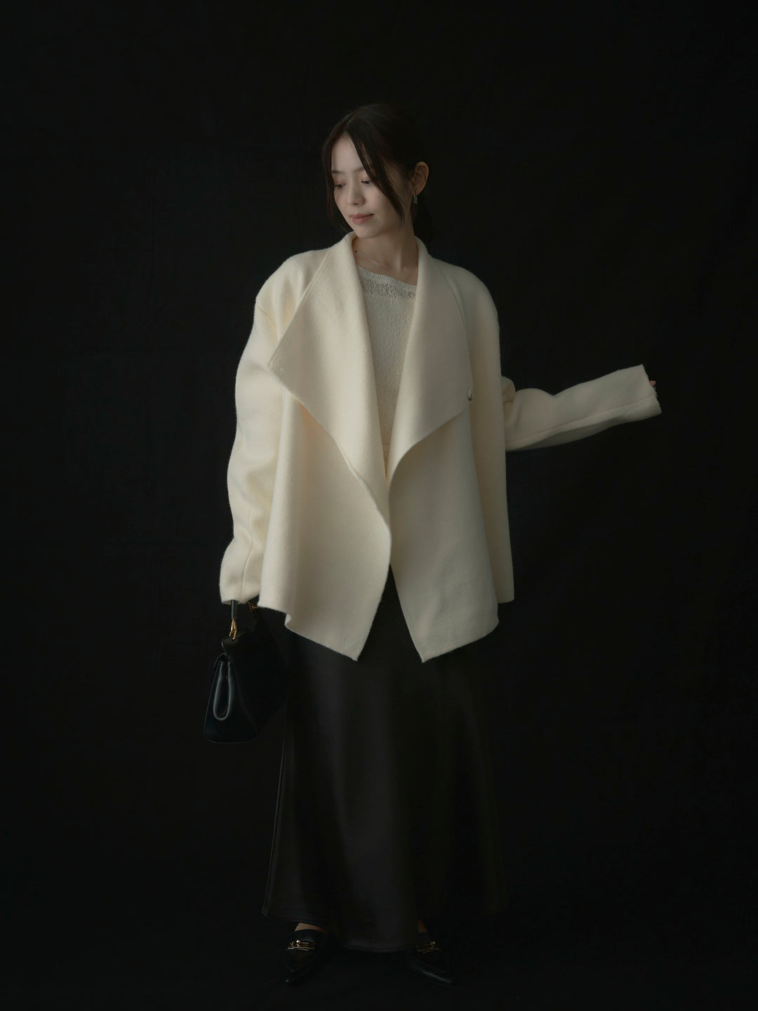 【SET】ショールカラーニットカーディガン+【インナー付き】シアーレーストップス+ヘビーサテンAラインスカート(3set)