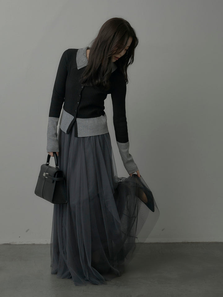 【SET】バイカラーリブニットポロトップス+ボリュームチュールスカート(2set)