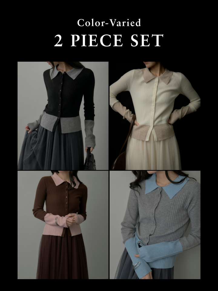 【SET】バイカラーリブニットポロトップス+バイカラーリブニットポロトップス(2set)