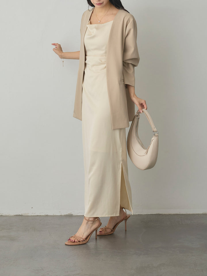 【SET】【Essential】フロントホックノーカラージャケット+【Essential】サテンドレープキャミワンピ(2set)