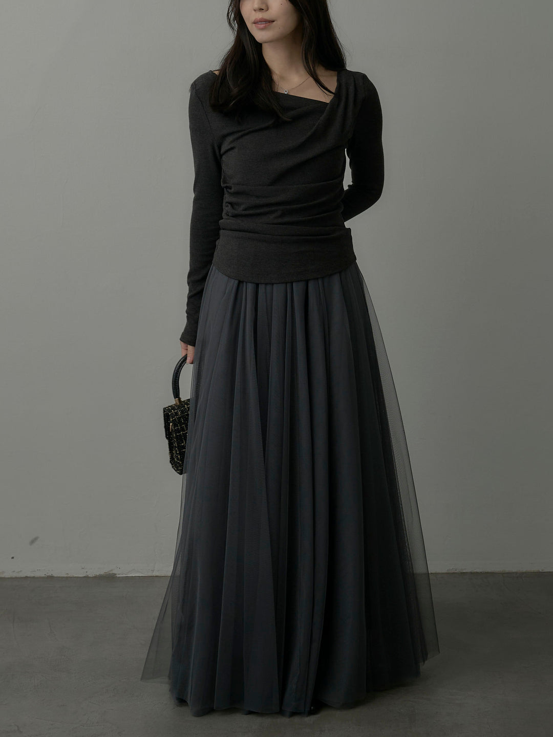 【SET】ドレープデザイントップス+ボリュームチュールスカート(2set)