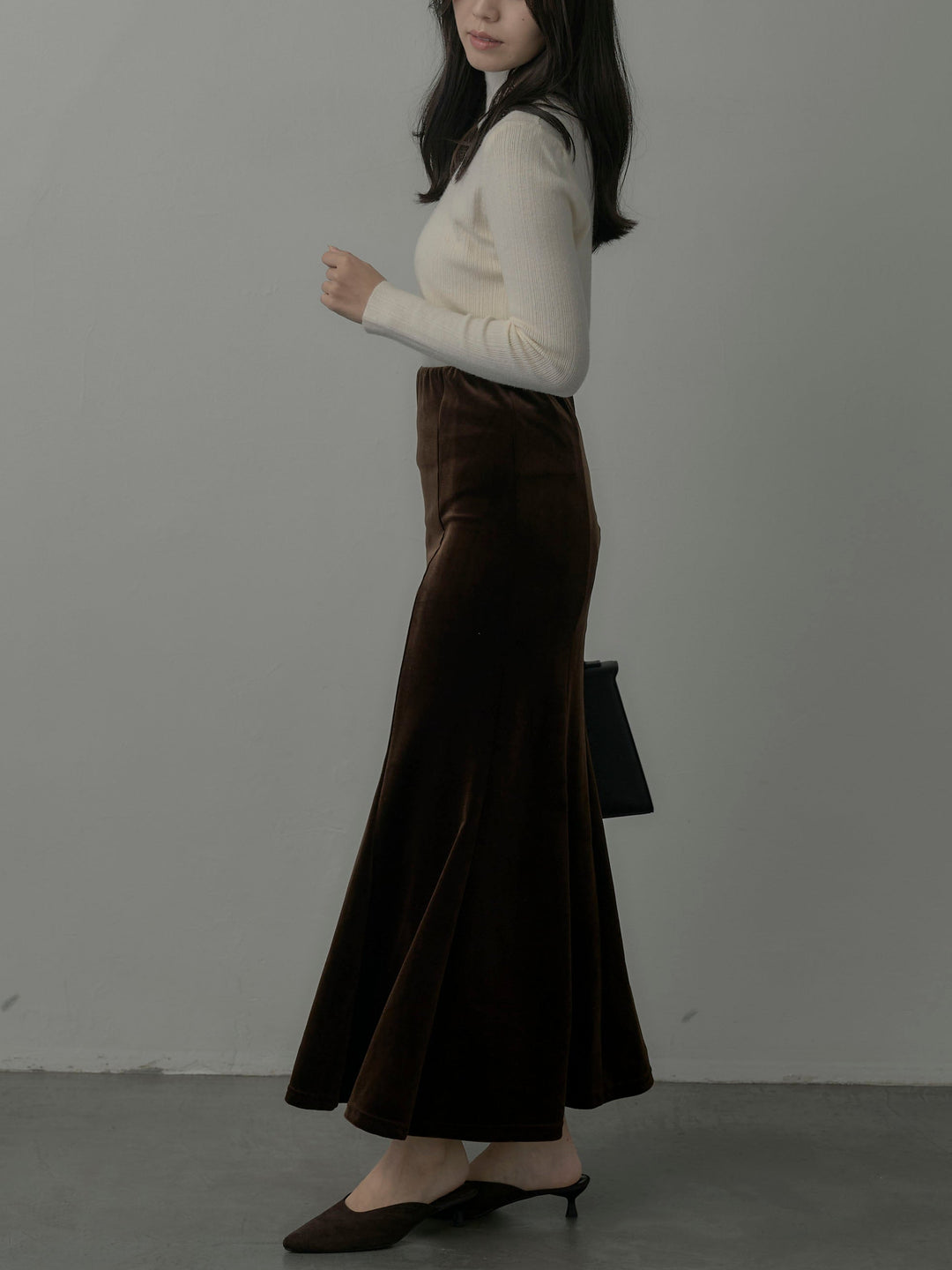 【SET】リブニットタートルネック+ベロアマーメイドスカート(2set)