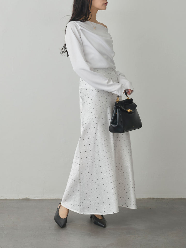 【SET】【Essential】2wayショルダードレープカットトップス+ドットサテンスカート(2set)