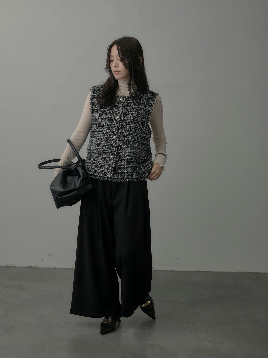 【ロープベルト付属】ウールタッチワイドパンツ