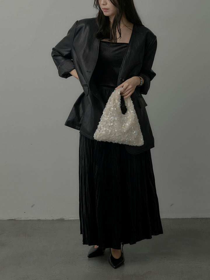 【SET】レザーノーカラージャケット+ベロアワッシャープリーツスカート(2set)