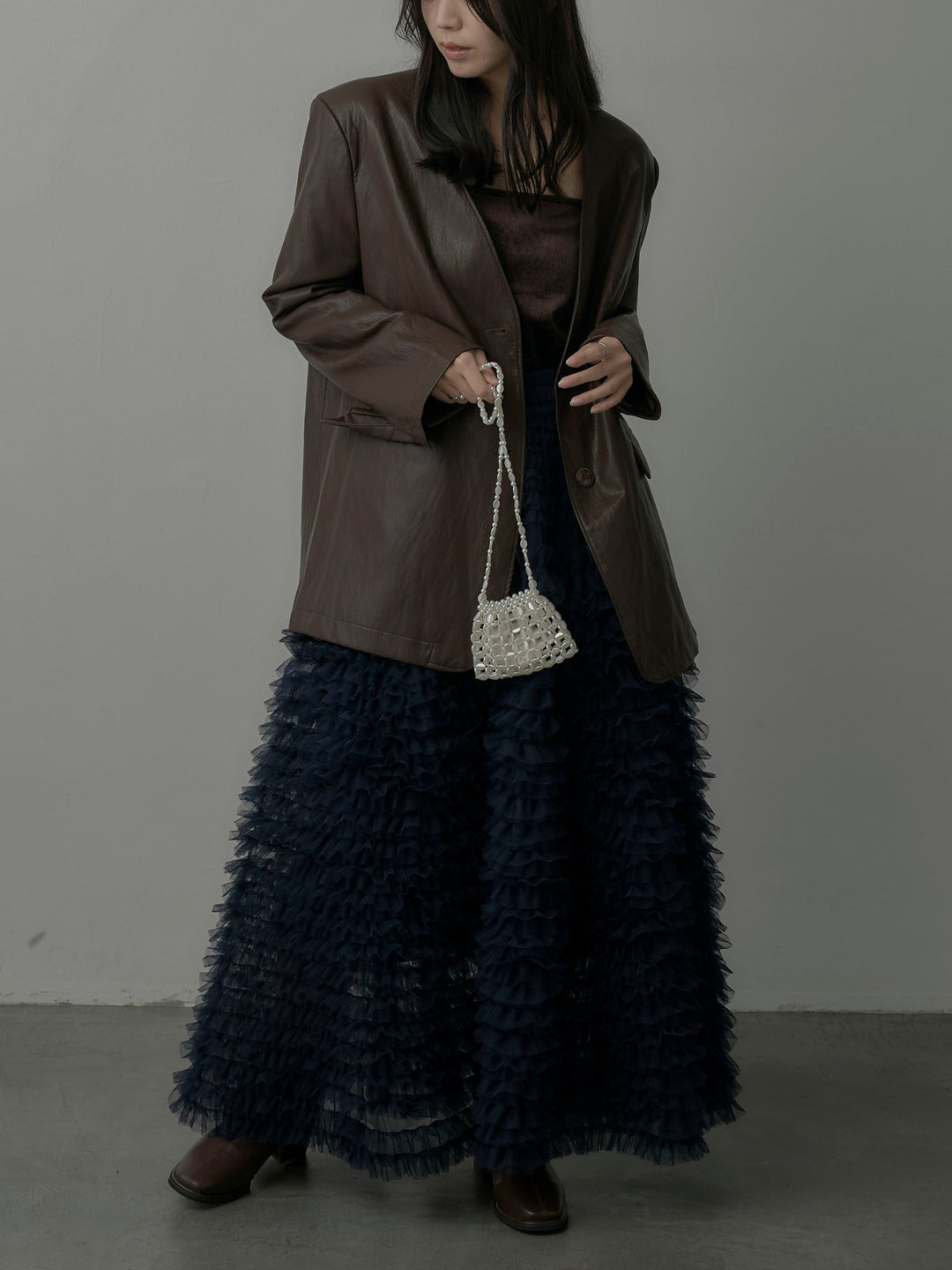 【SET】レザーノーカラージャケット+ドラマチックフリルチュールスカート(2set)