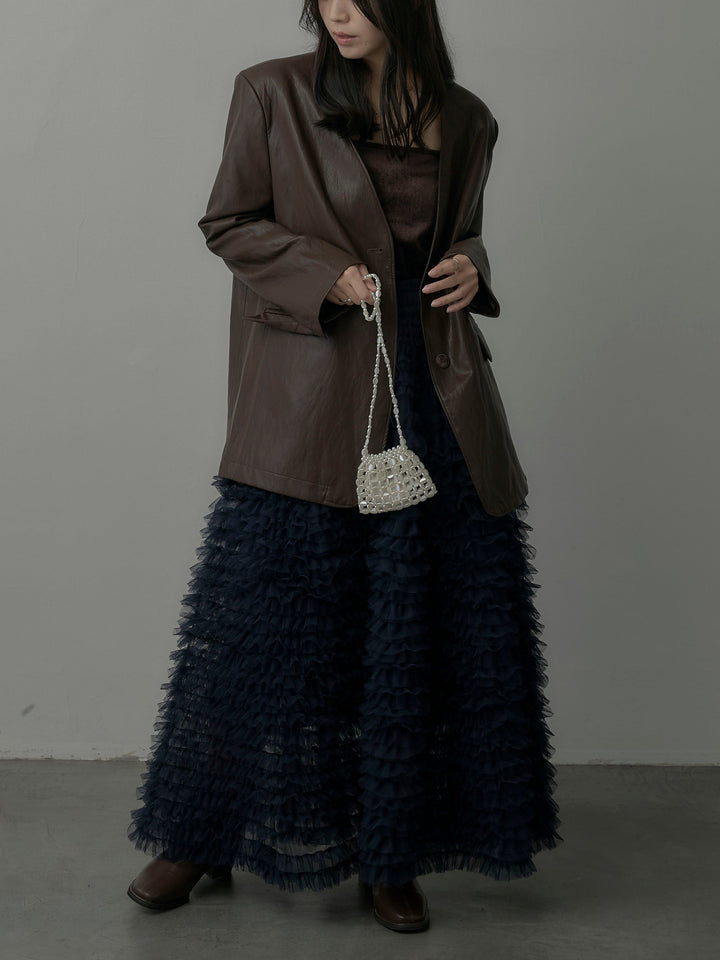 【SET】レザーノーカラージャケット+ドラマチックフリルチュールスカート(2set)