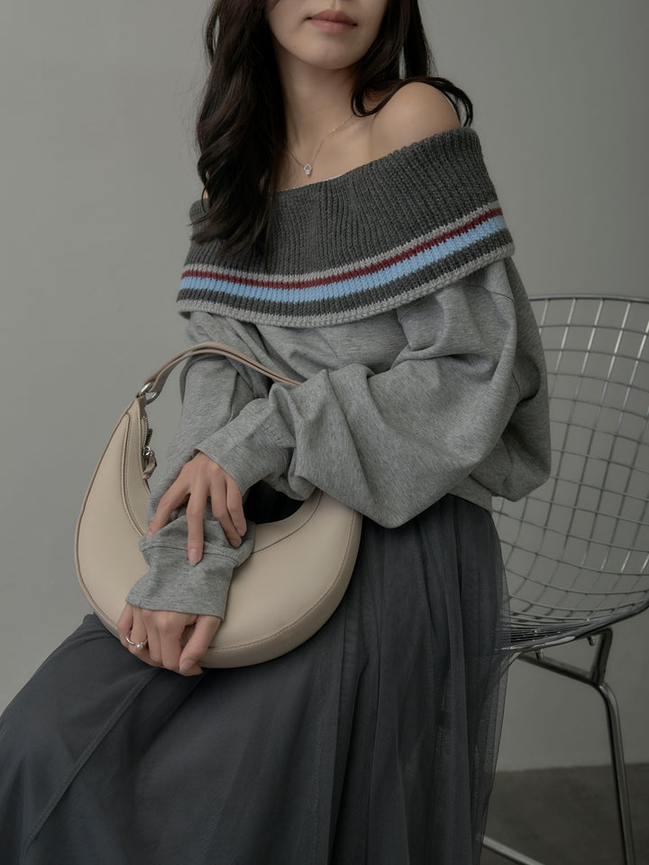 配色ボーダースウェットオフショルトップス