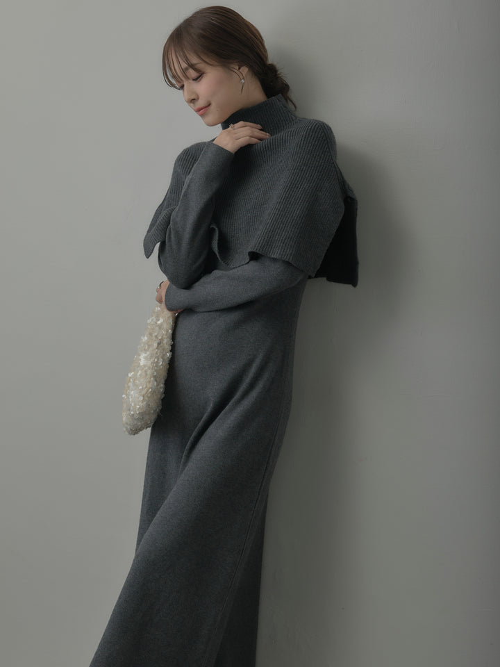 ケープ付きリブニットロングワンピース