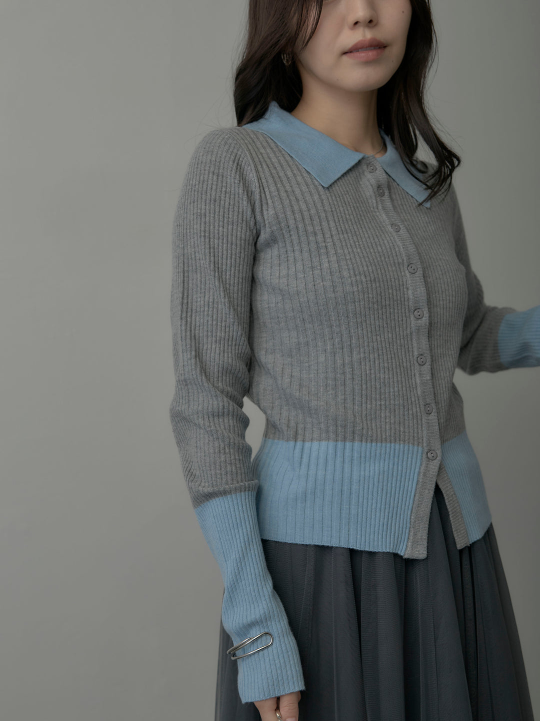 【SET】バイカラーリブニットポロトップス+ボリュームチュールスカート(2set)