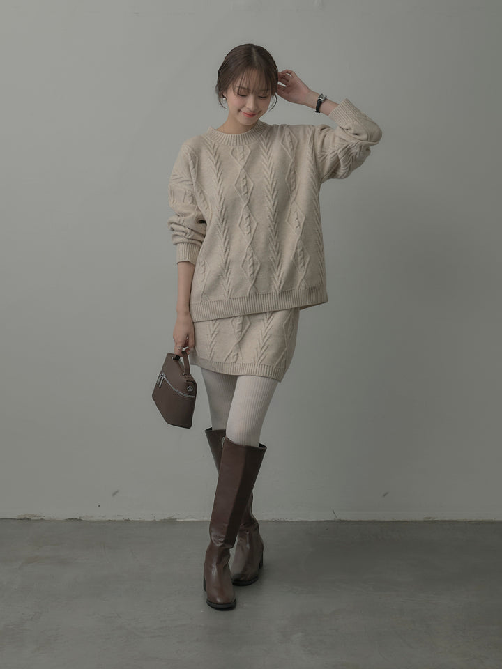 デザイン編みニットトップス&ミニスカート SET UP