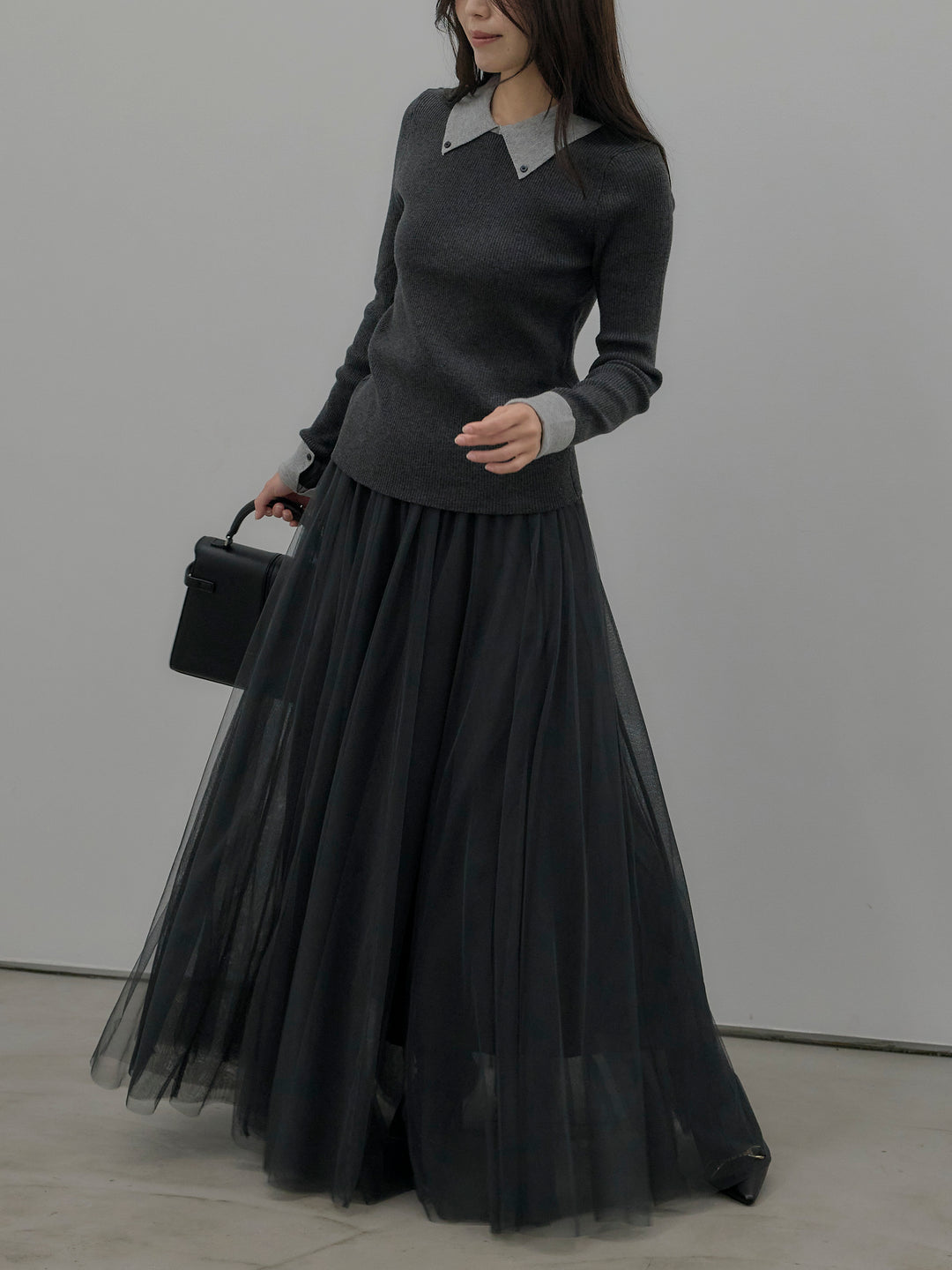 【SET】配色カフスニットポロ+ボリュームチュールスカート(2set)