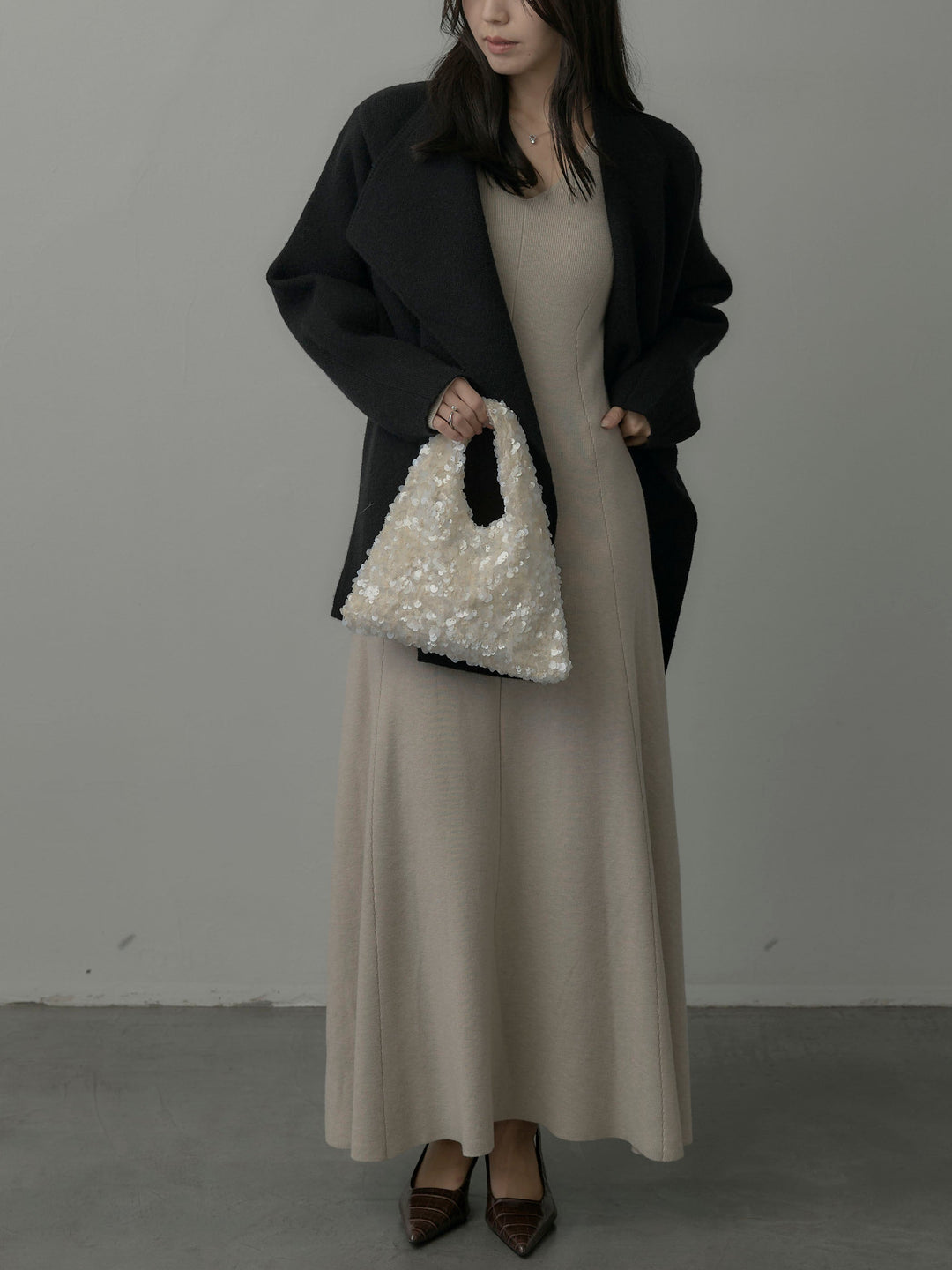 【SET】ショールカラーニットカーディガン+Vネックニットロングワンピース(2set)