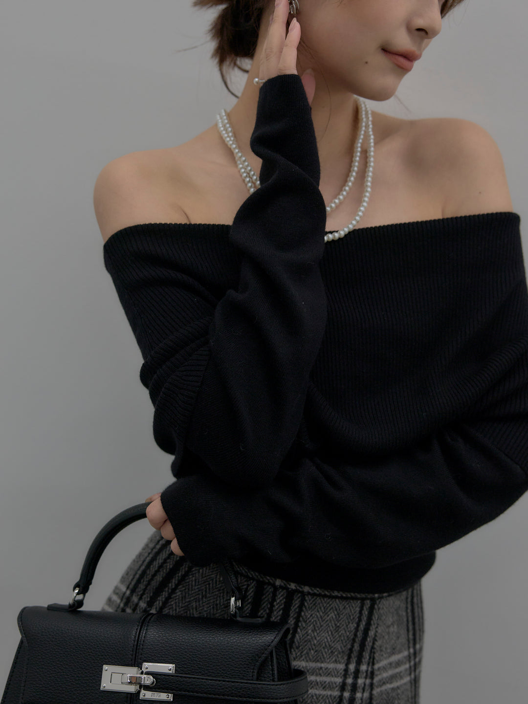 【SET】【premium touch】ソフトリブオフショルニットトップス+【Essential】クラシカルチェックウールタッチスカート(2set)