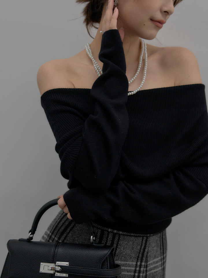 【SET】【premium touch】ソフトリブオフショルニットトップス+【Essential】クラシカルチェックウールタッチスカート(2set)