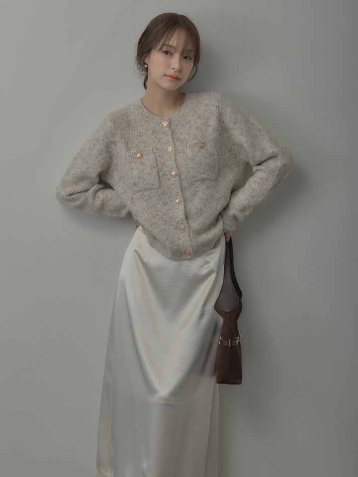 【SET】MIXニットゴールドボタンニットカーディガン+裾レースサテンスカート(2set)