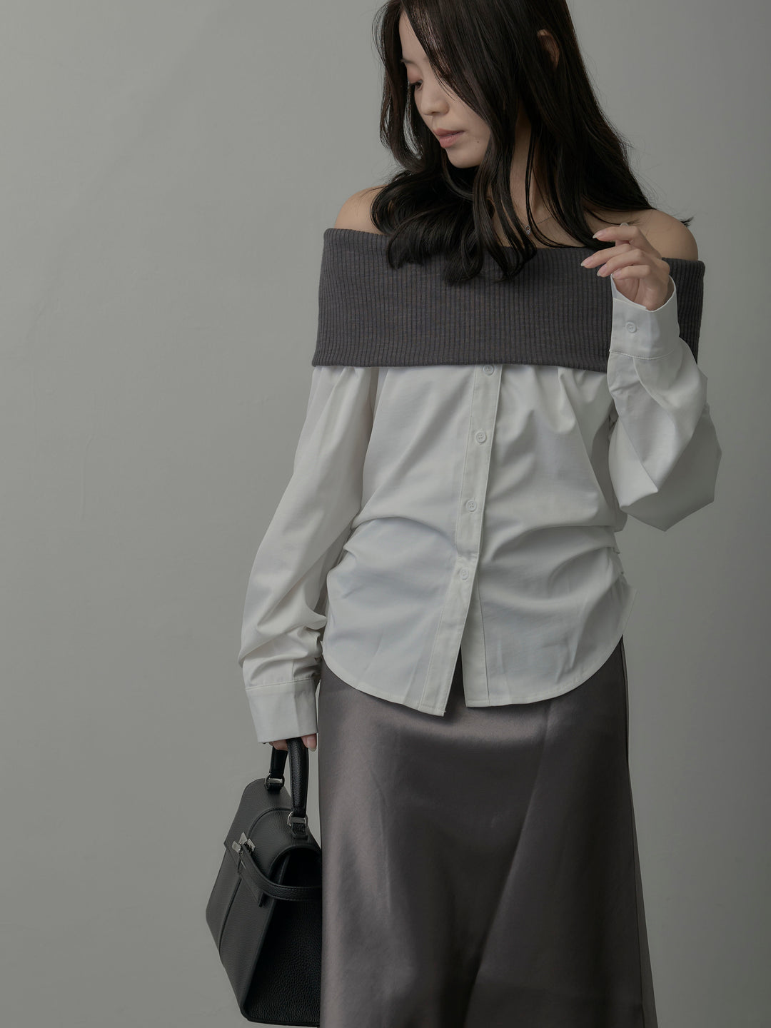 ニットシャツドッキングオフショルトップス